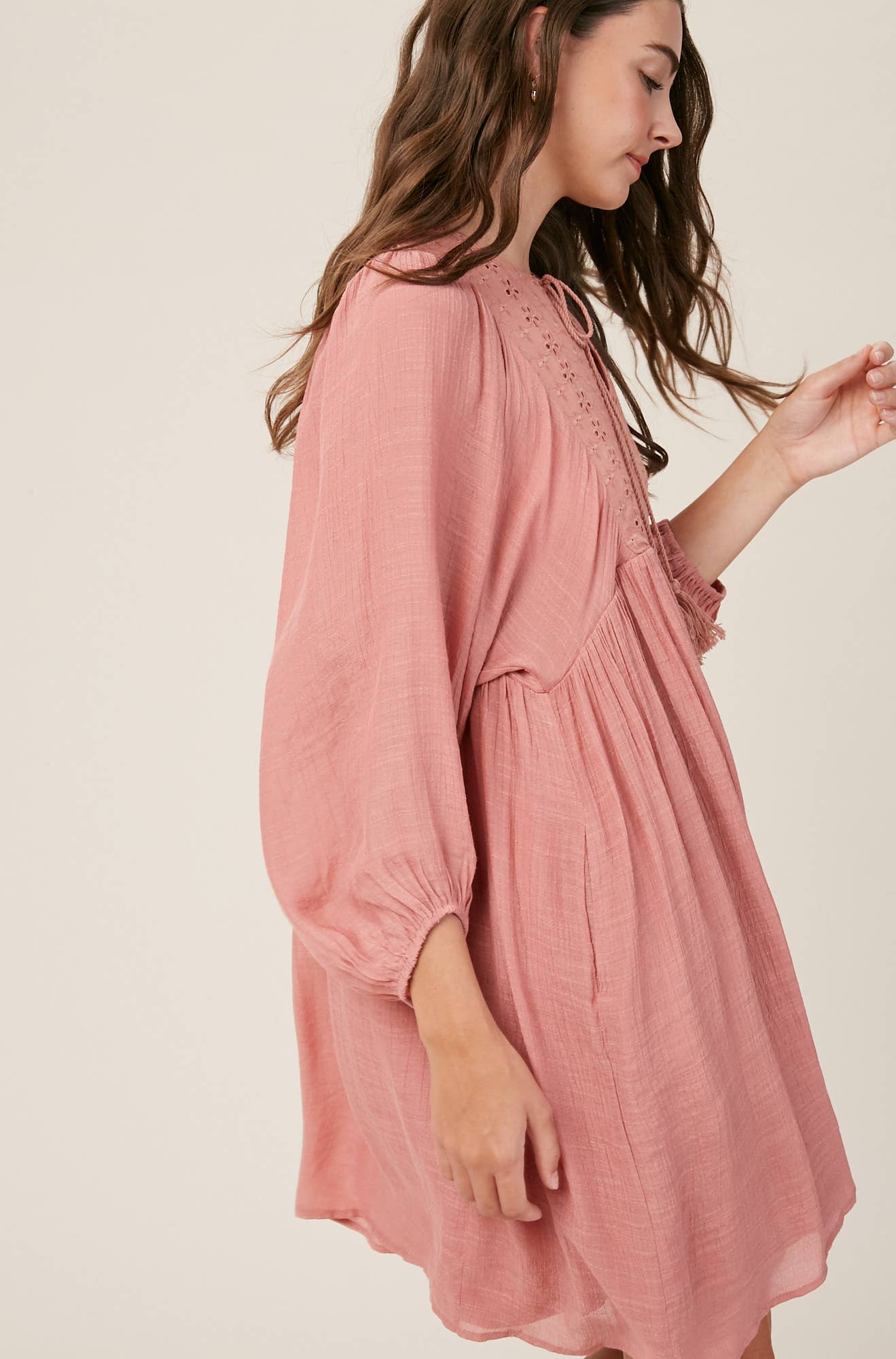 Embroidered Tassel Tie Babydoll Dress