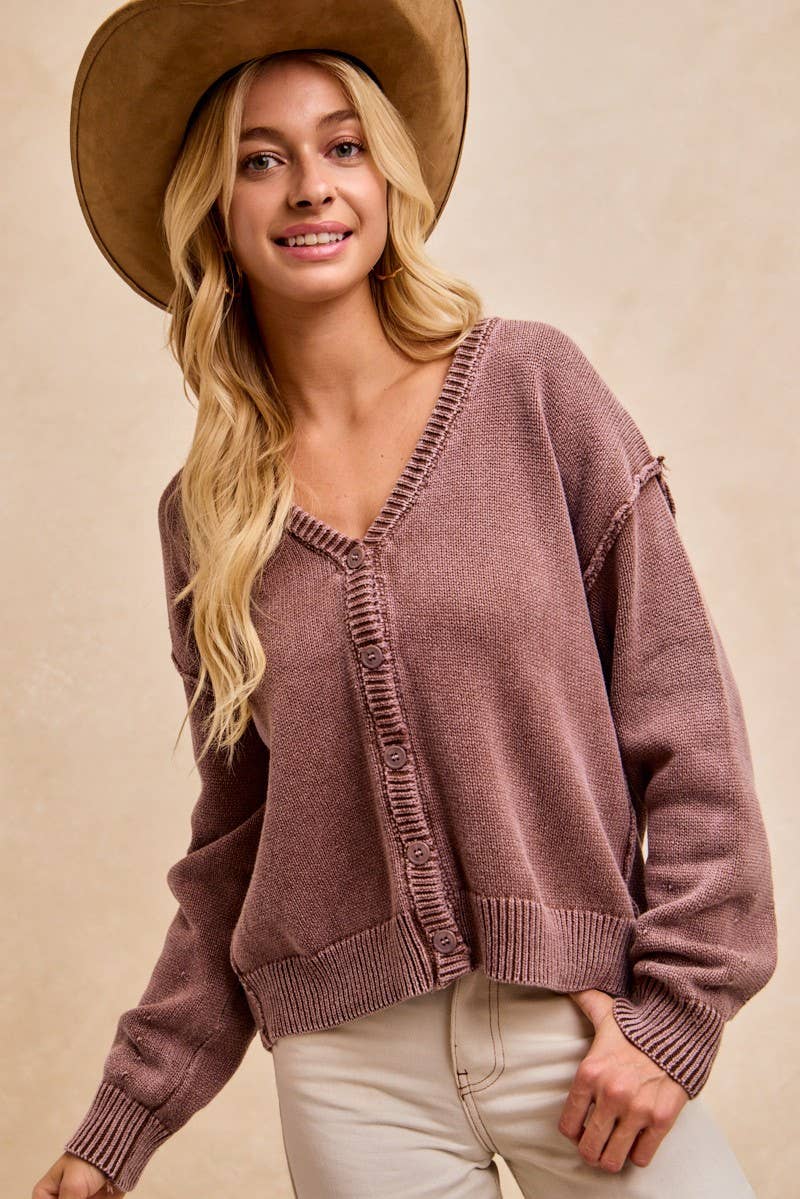 Washed Sweater V Neck Cardigan
