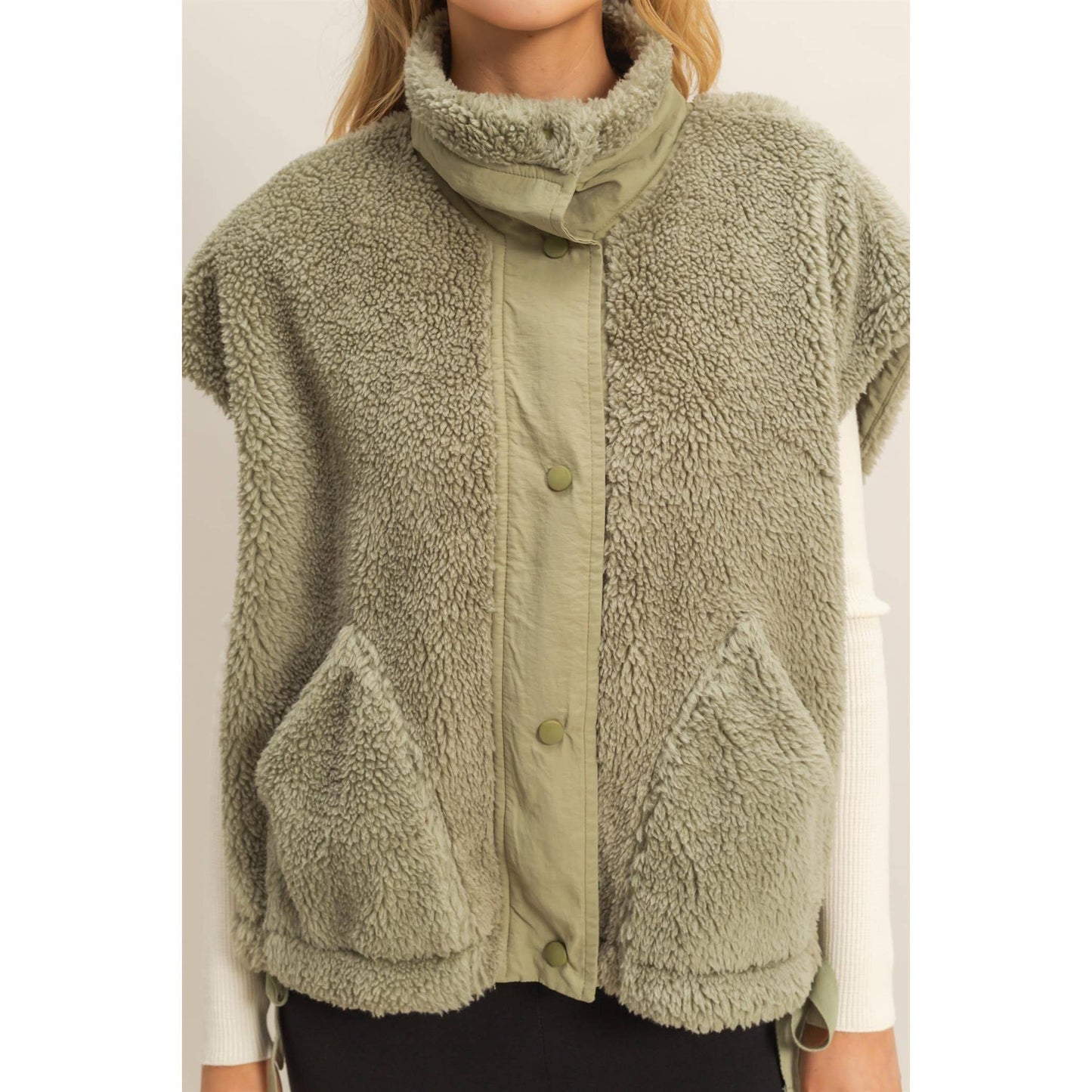 Cozy Sherpa Vest Jacket with Tie-Up Side Details