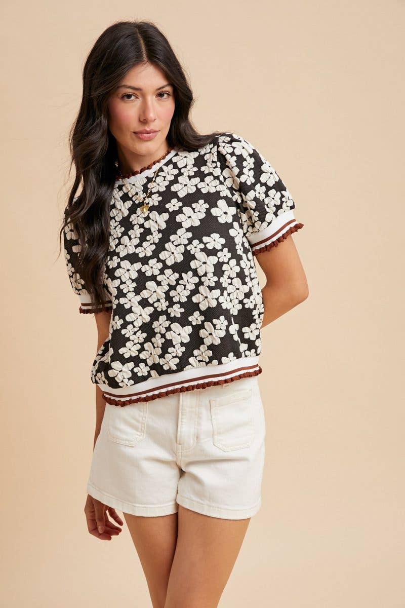 Flower Embossing Puff Sleeve Knit Top