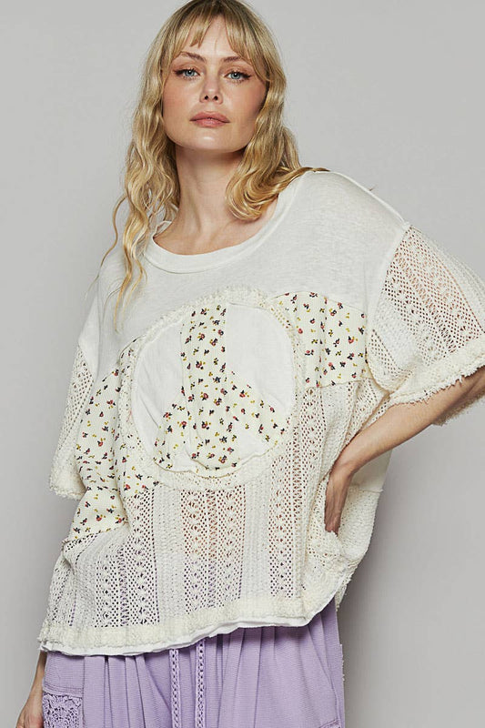Oversize round neck crochet print peace mark top SALE