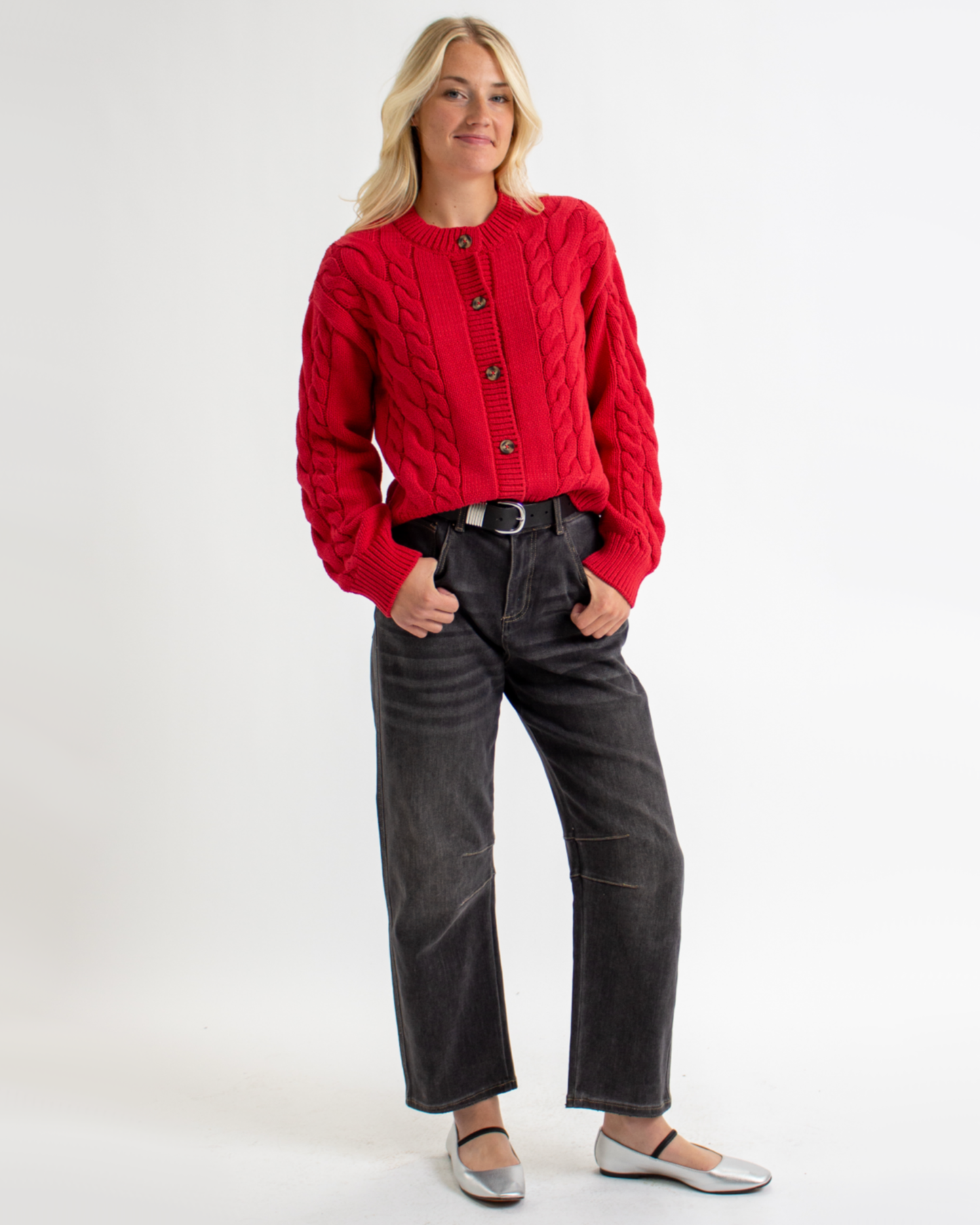 Schmancy Cable Knit Red Button Down Sweater Cardigan