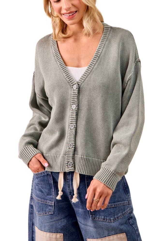 Washed Sweater V Neck Cardigan