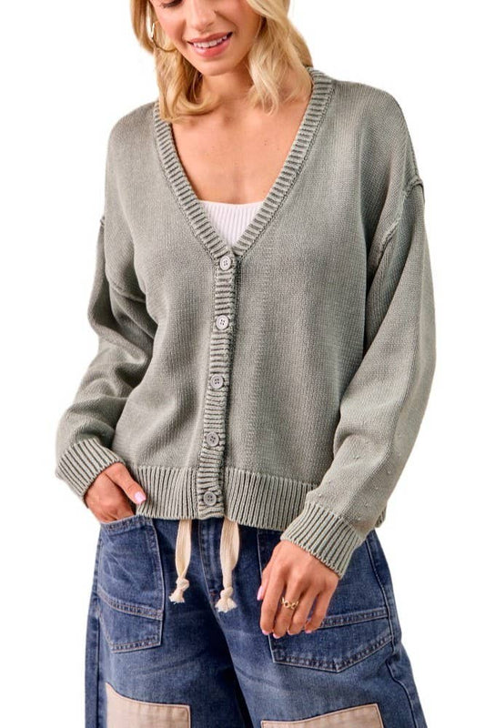 Washed Sweater V Neck Cardigan