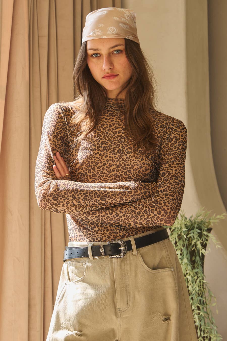 Animal Printed Mesh Long Sleeve Top