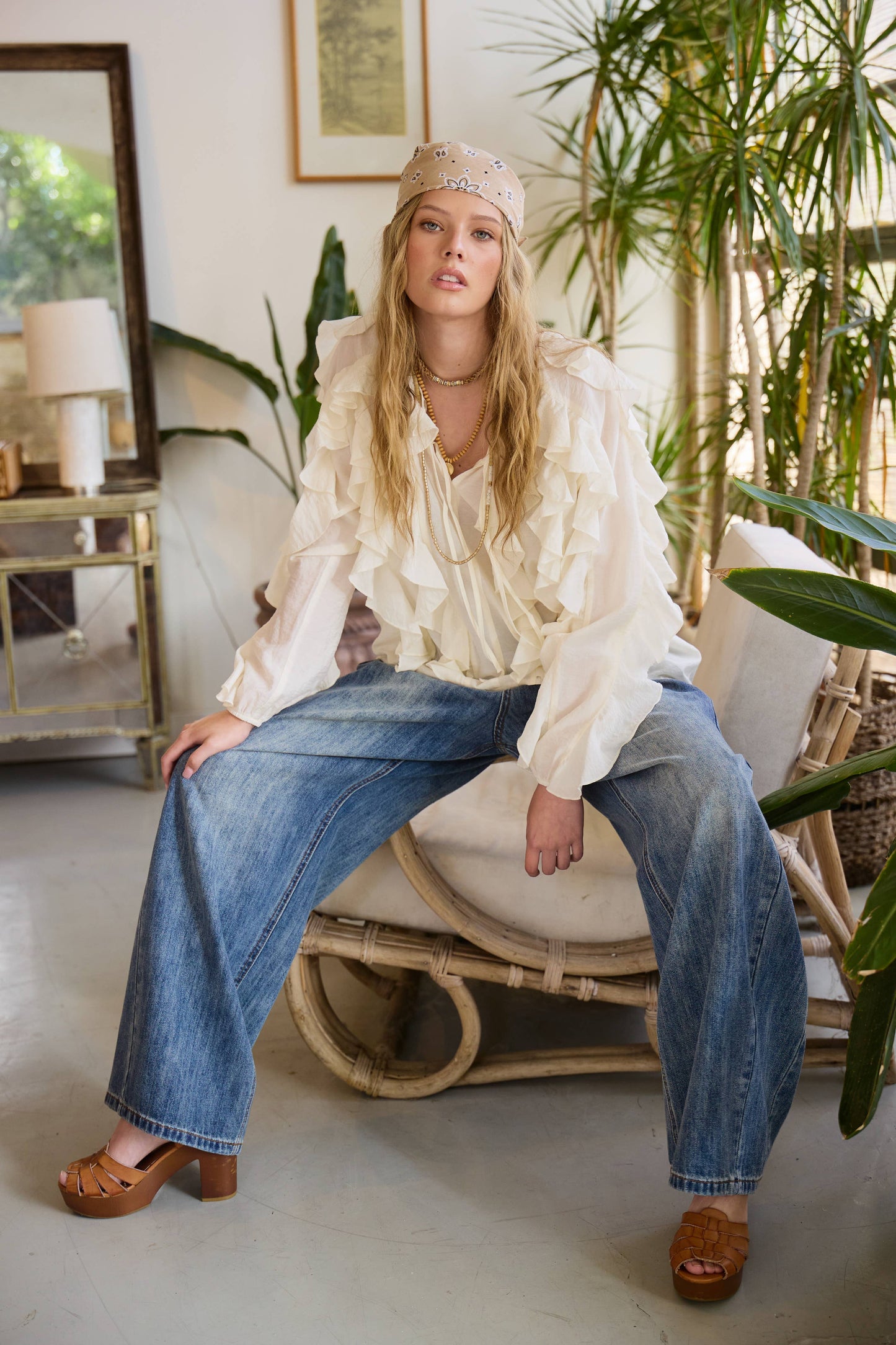 Ruffled Tie Front Boho Long Sleeve Blouse