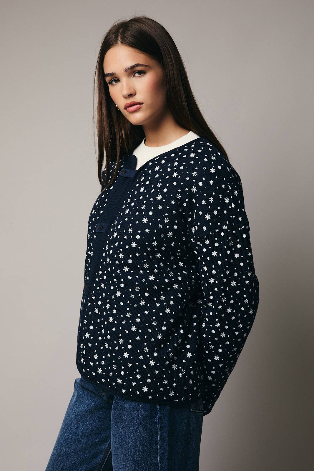 ROUND NECK LONG SLEEVE THERMAL PRINTED BUTTON DOWN JACKET