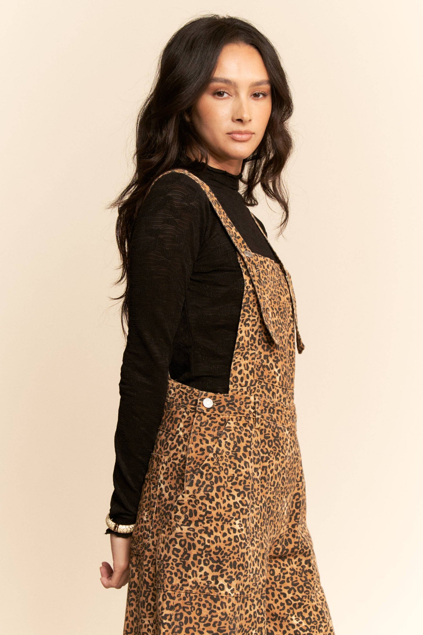 ANIMAL PRINTED DENIM WIDE OPEN LEG OVERALL PANTS