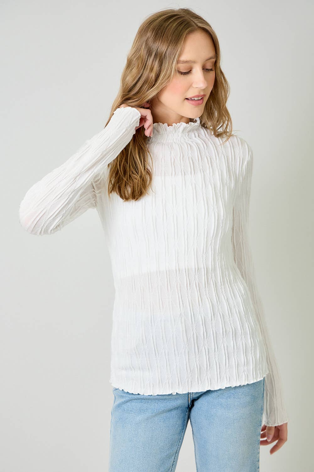 61147 Lettuce Edge Textured Knit Top