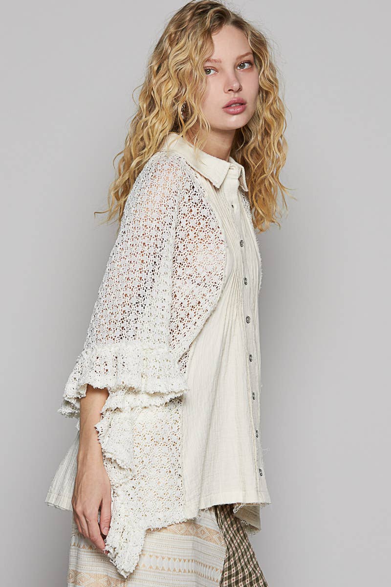 Oversize crochet contrast ruffle detail woven top