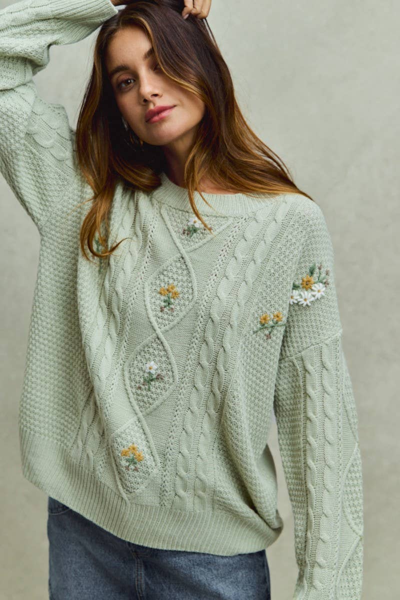Embroidered Flower Cable Knitted Sweater Top