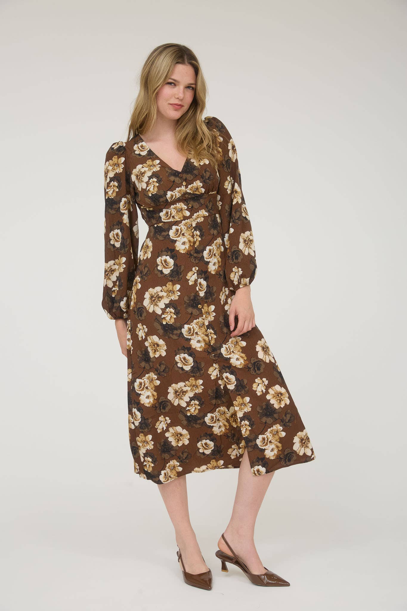 FLORAL V NECK LONG SLEEVE BUTTON DOWN MIDI DRESS