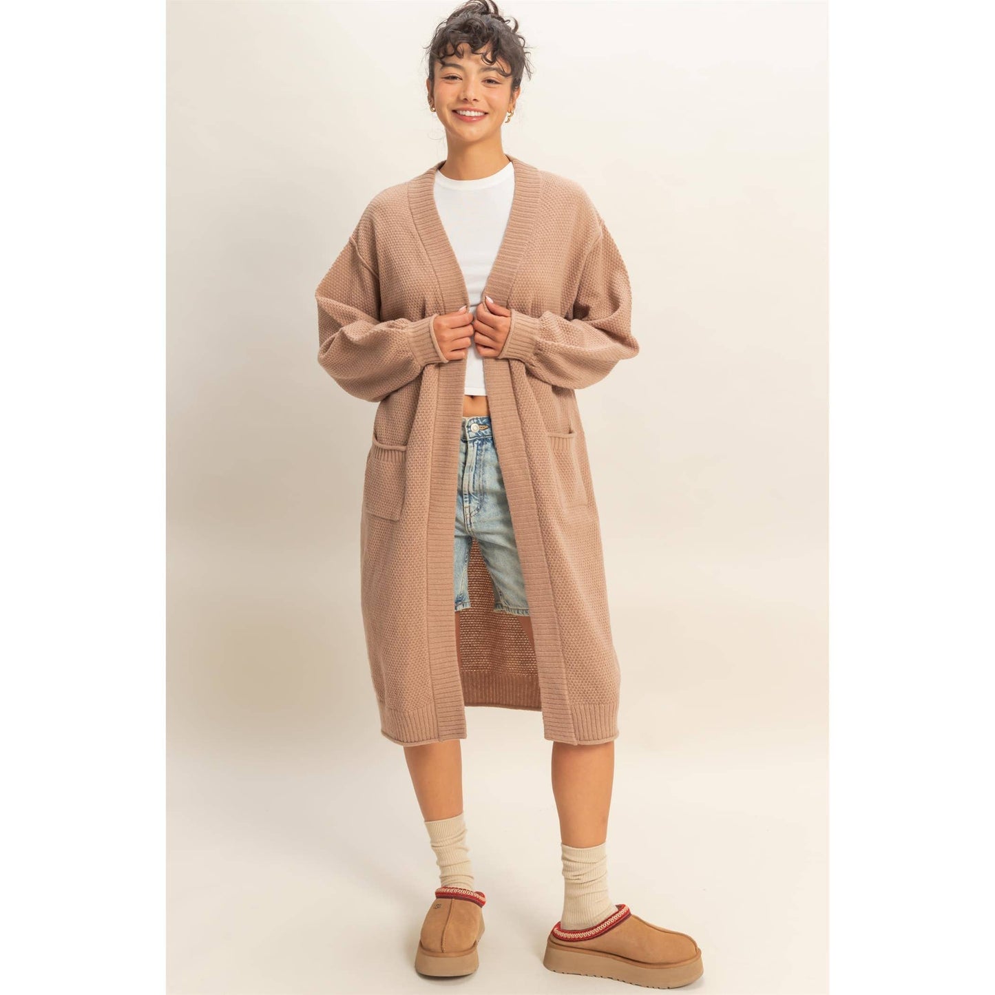Oversized Textured Open Front Long Cardigan Sweater