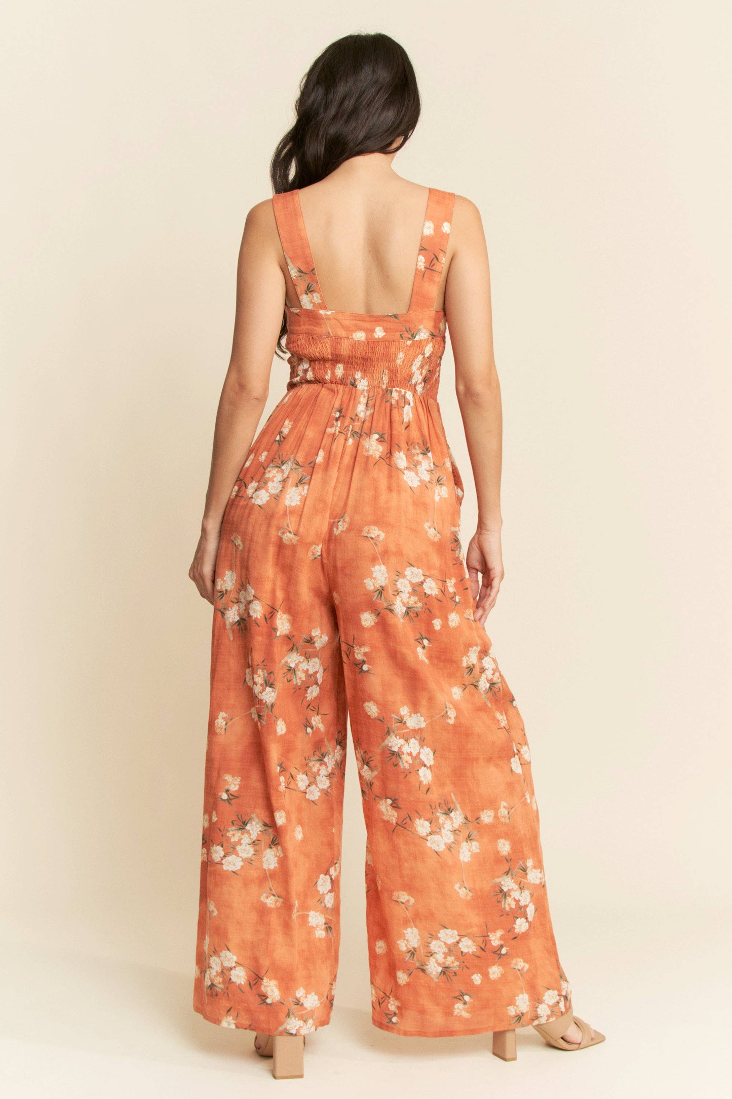 FLORAL RUFFLE SQUARE NECK SMOCKING BODICE JUMPSUIT