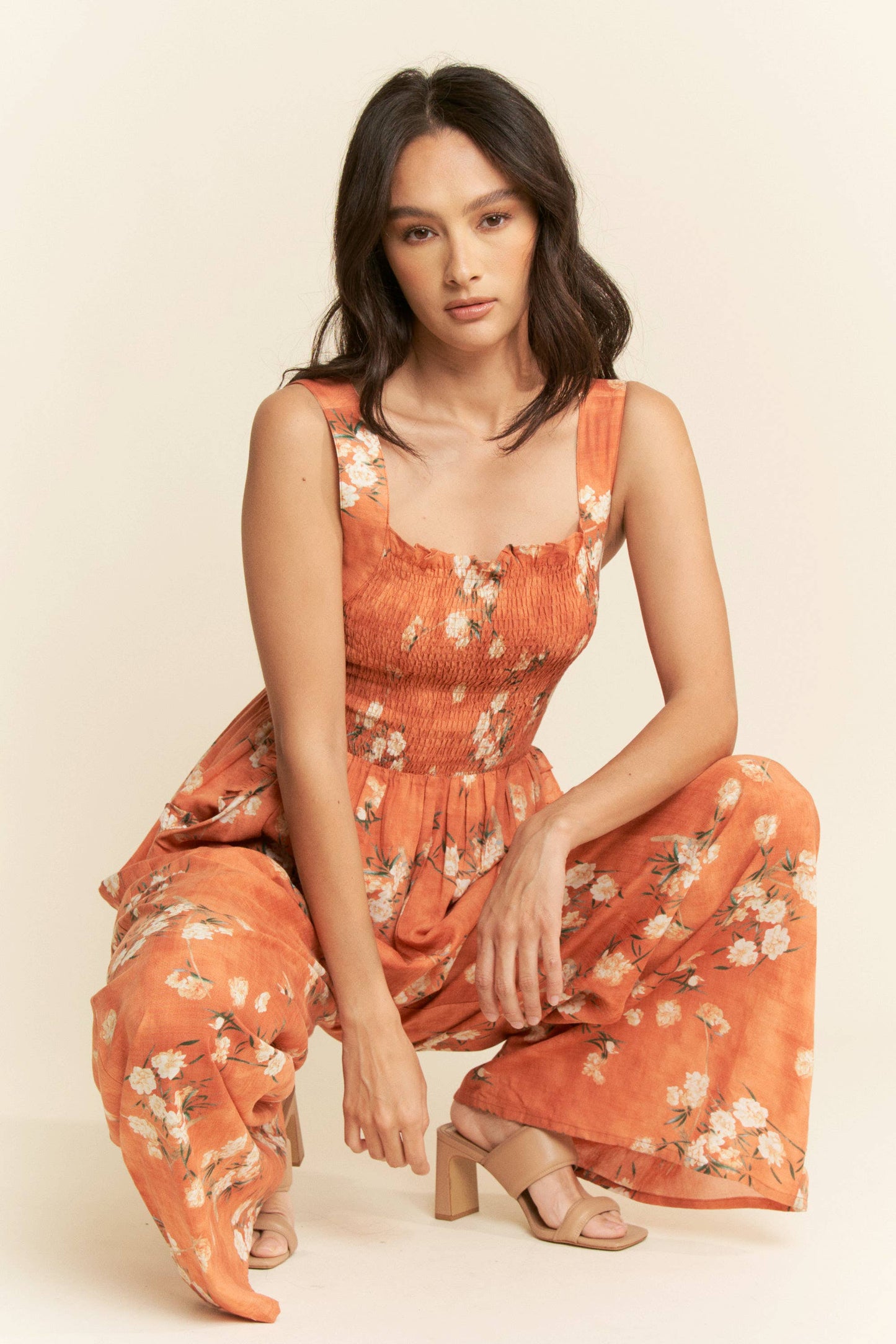FLORAL RUFFLE SQUARE NECK SMOCKING BODICE JUMPSUIT