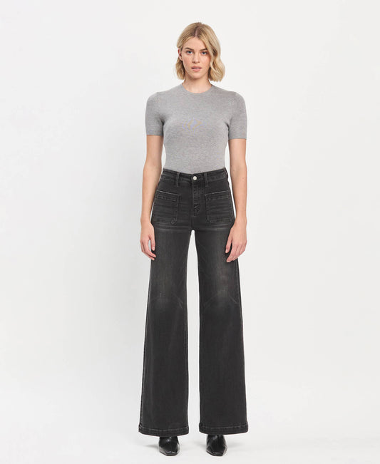 HIGH RISE PATCH POCKET BLACK WIDE TROUSER JEANS T6569