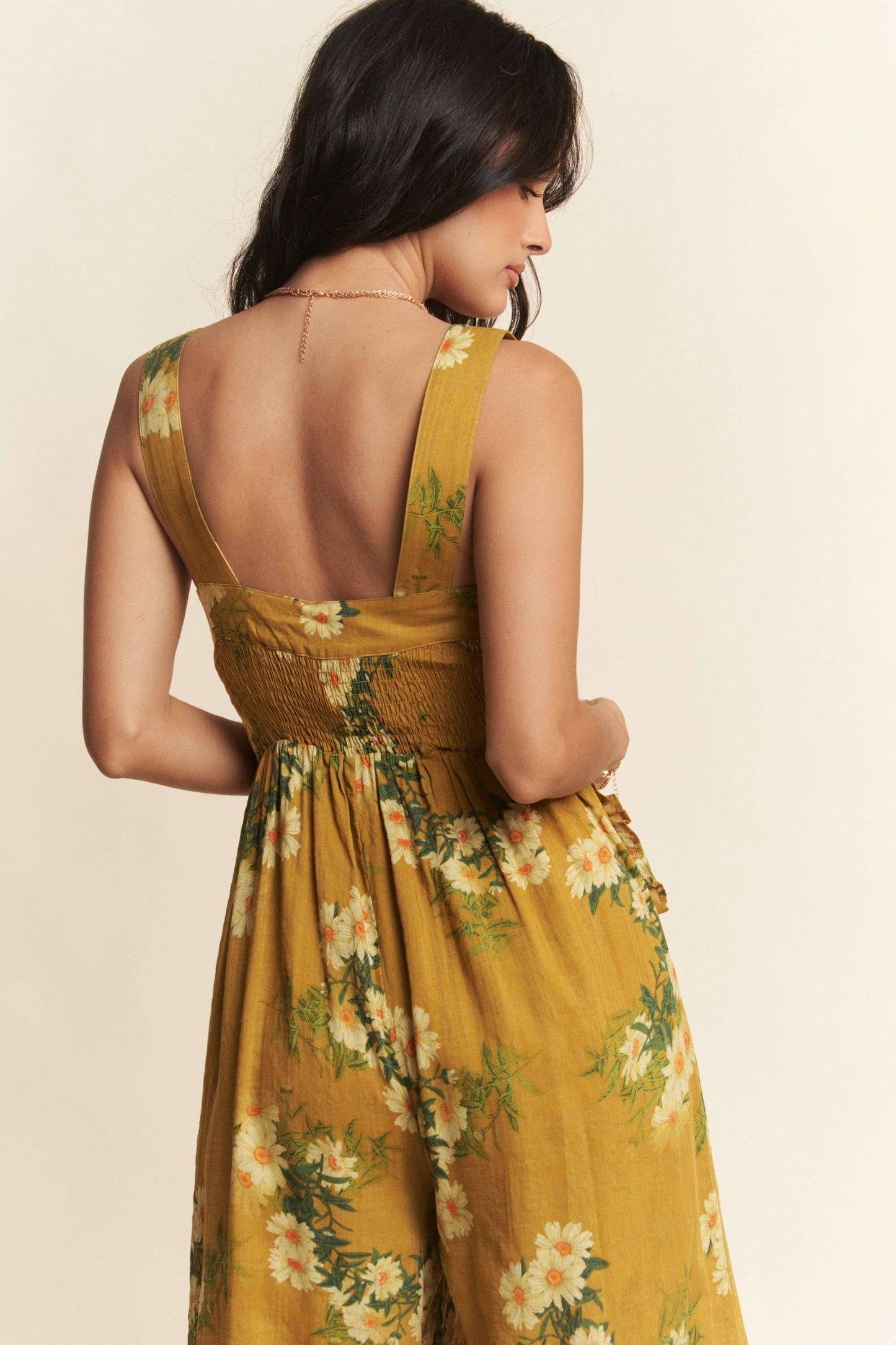 FLORAL RUFFLE SQUARE NECK SMOCKING BODICE JUMPSUIT