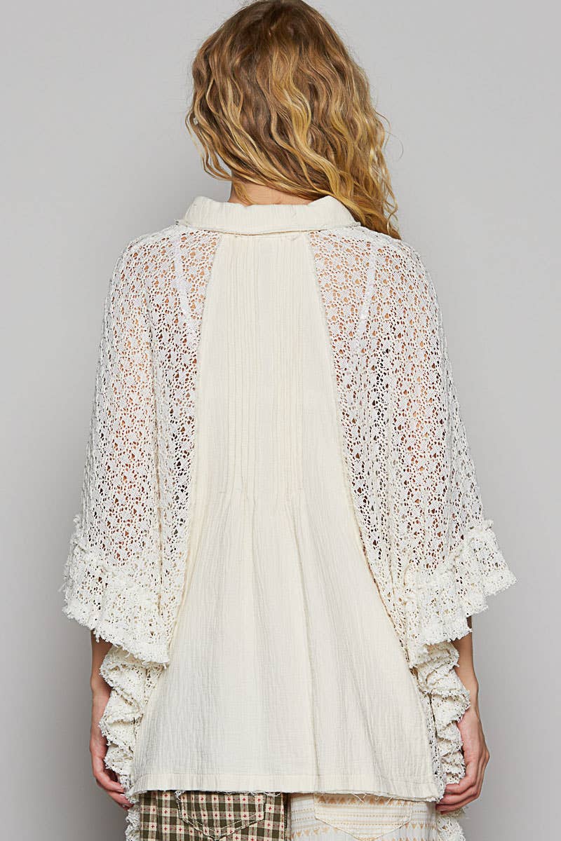 Oversize crochet contrast ruffle detail woven top