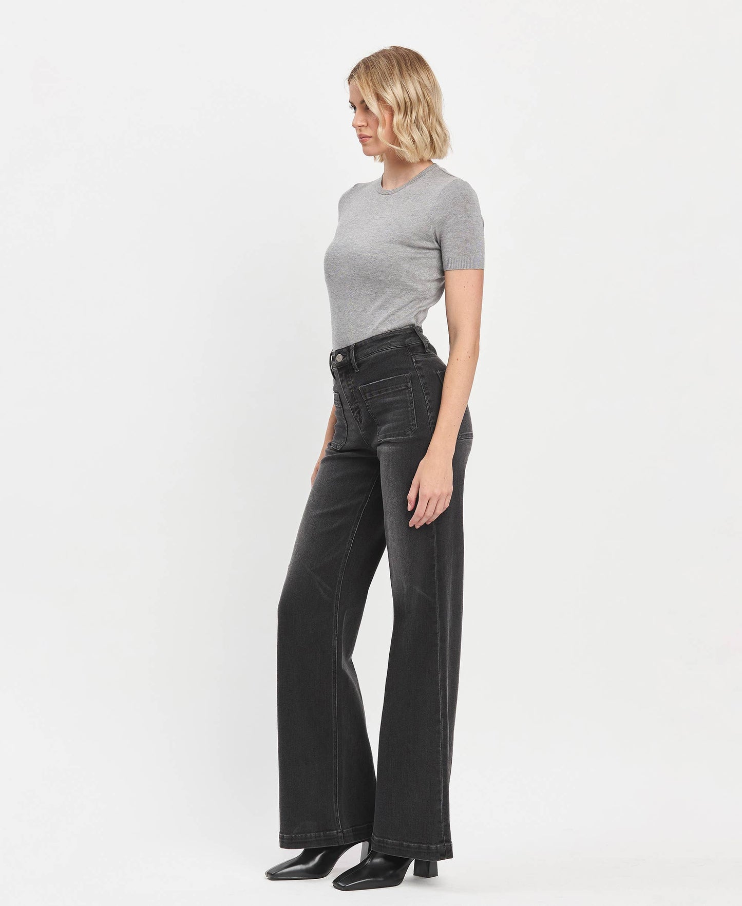 HIGH RISE PATCH POCKET BLACK WIDE TROUSER JEANS T6569