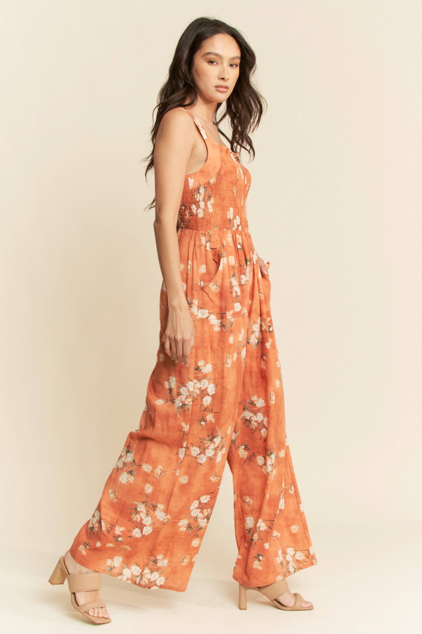 FLORAL RUFFLE SQUARE NECK SMOCKING BODICE JUMPSUIT