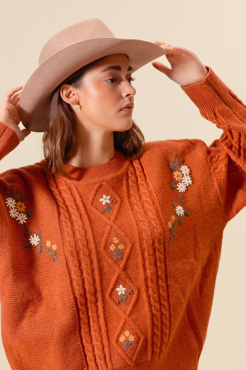 Embroidered Flower Cable Knitted Sweater Top