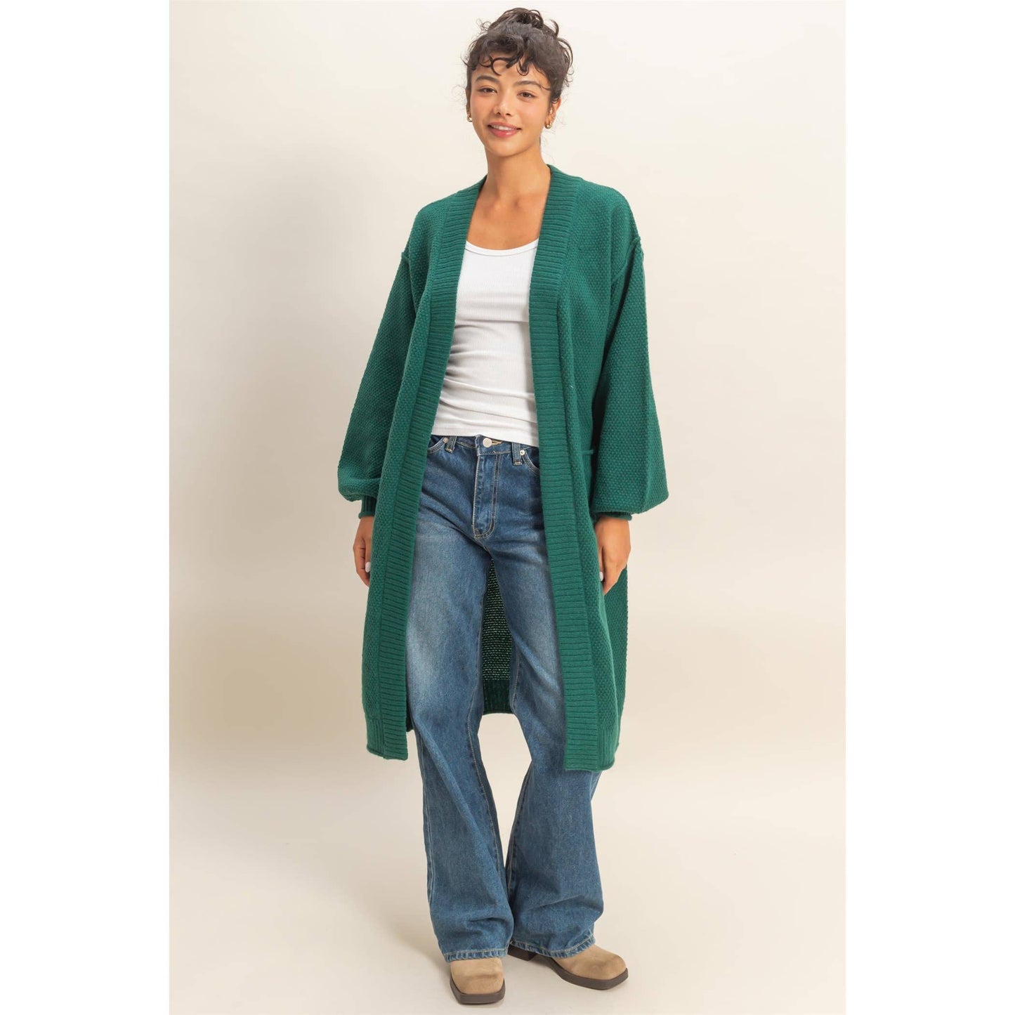 Oversized Textured Open Front Long Cardigan Sweater