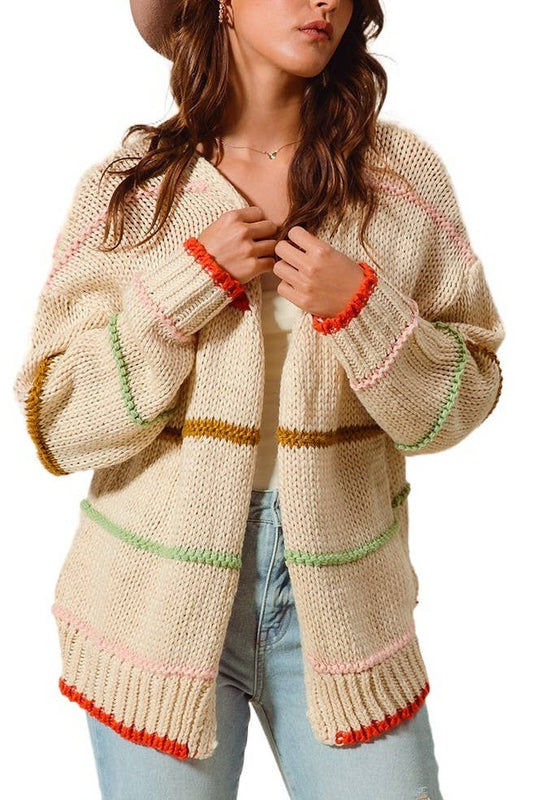 Loose Fit Multi Stripe Open Front Cardigan