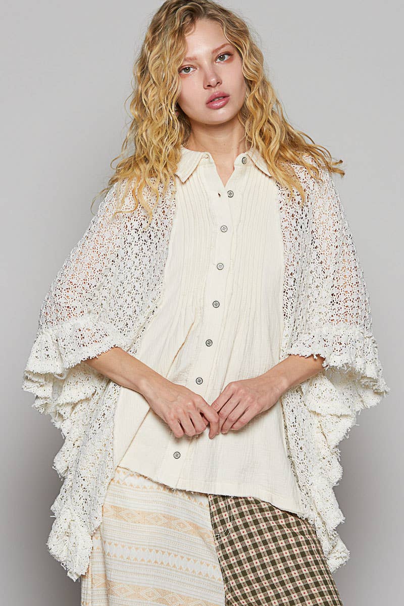Oversize crochet contrast ruffle detail woven top
