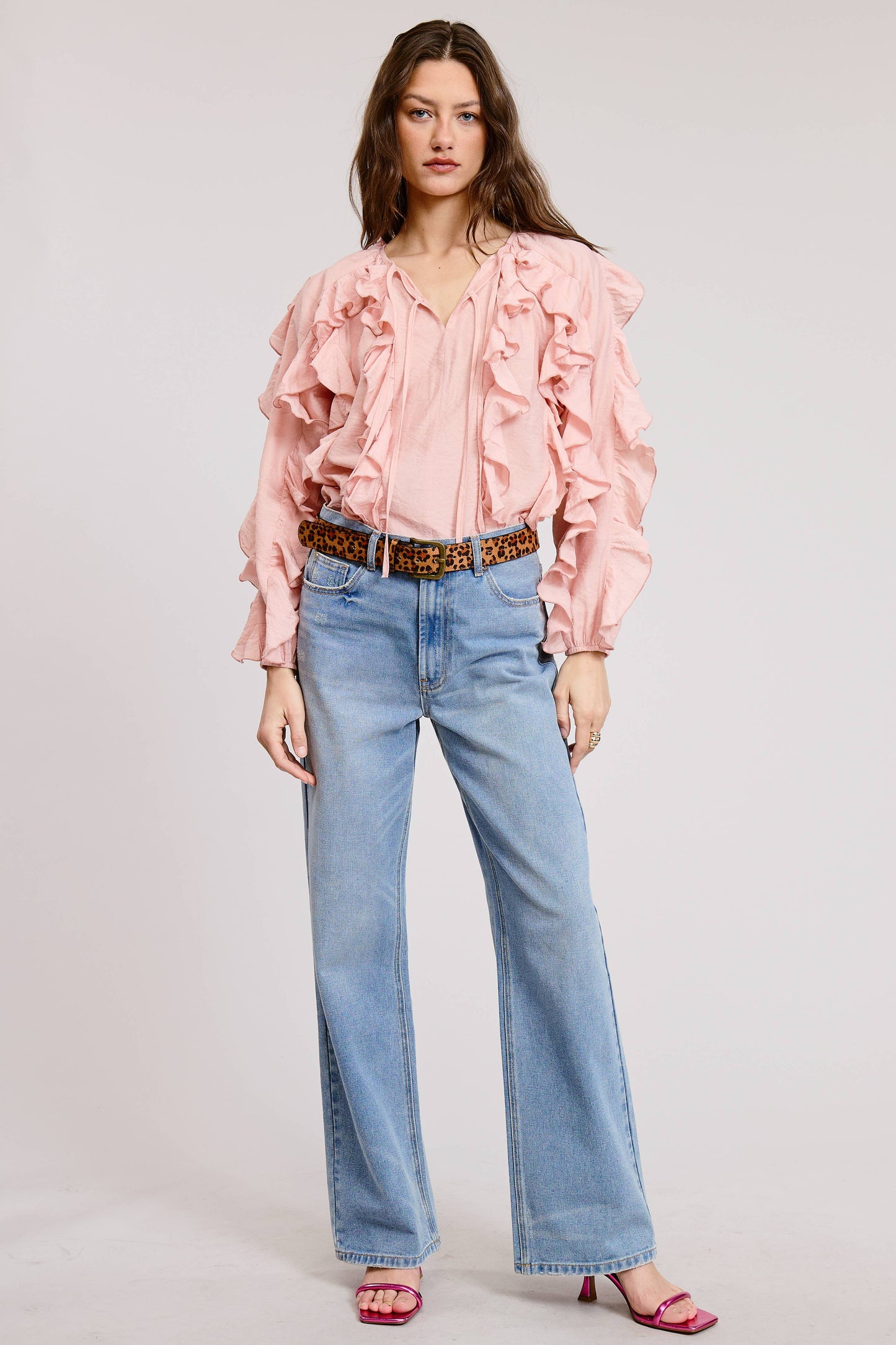 Ruffled Tie Front Boho Long Sleeve Blouse