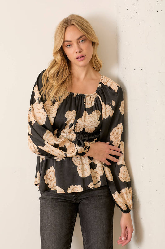 Smocked Floral Top in Ebony