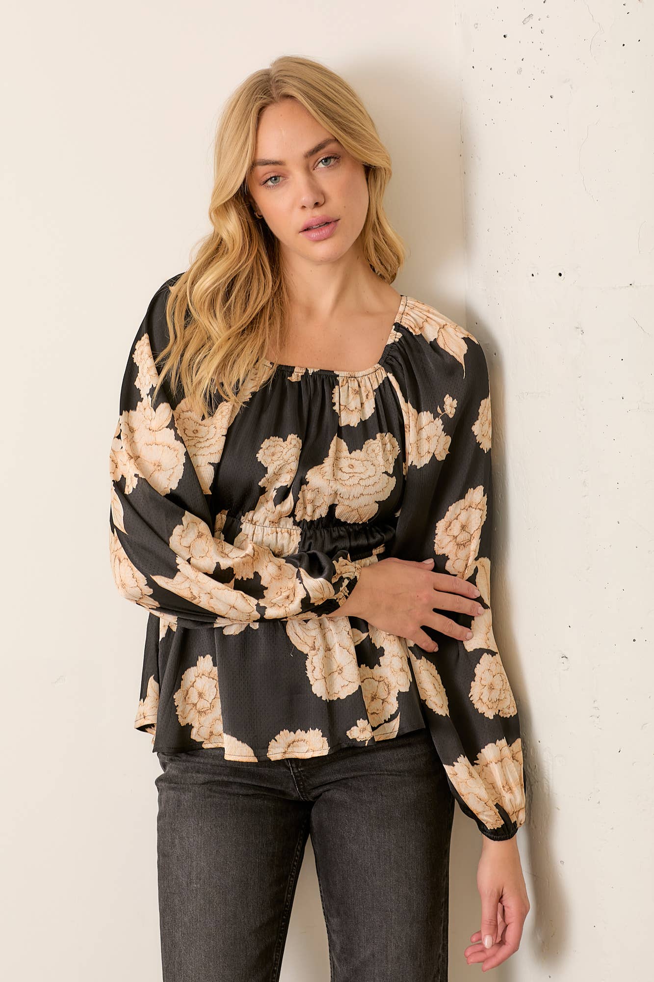 Smocked Floral Top in Ebony