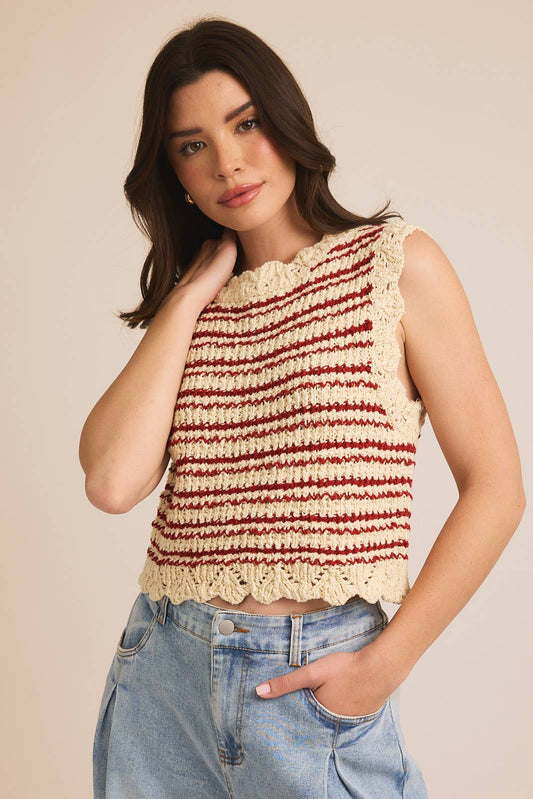 ROUND NECK SLEEVELESS STRIPE CROCHET TANK