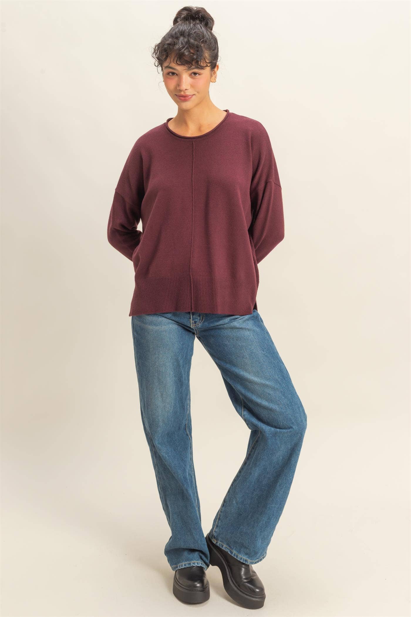 Round Roll Neck Drop Shoulder Sweater
