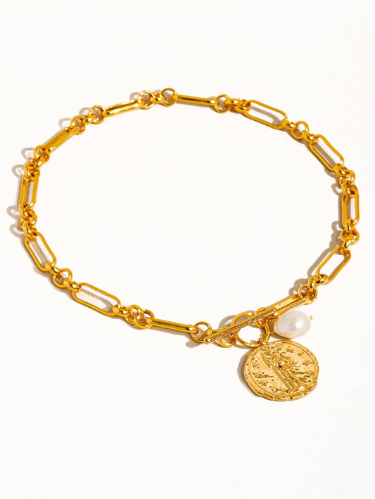 Leah 18k Gold Large Coin and Pearl Chain Necklace