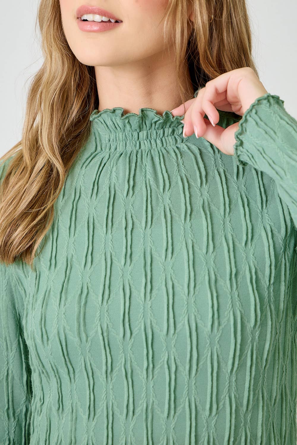61147 Lettuce Edge Textured Knit Top