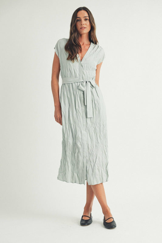 CRINKLED BUTTON-UP BELTED MIDI DRESS