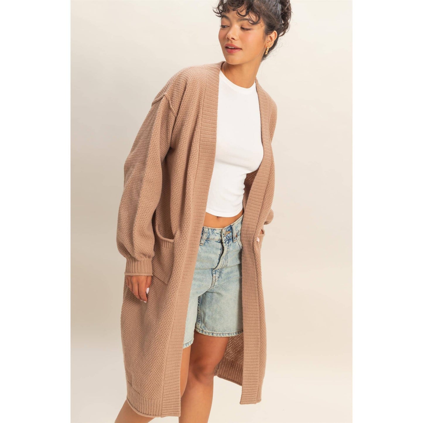 Oversized Textured Open Front Long Cardigan Sweater