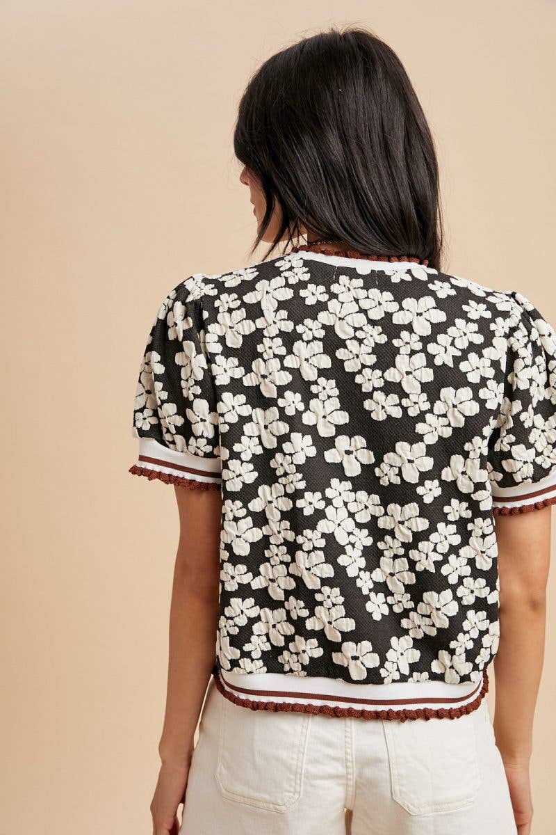 Flower Embossing Puff Sleeve Knit Top