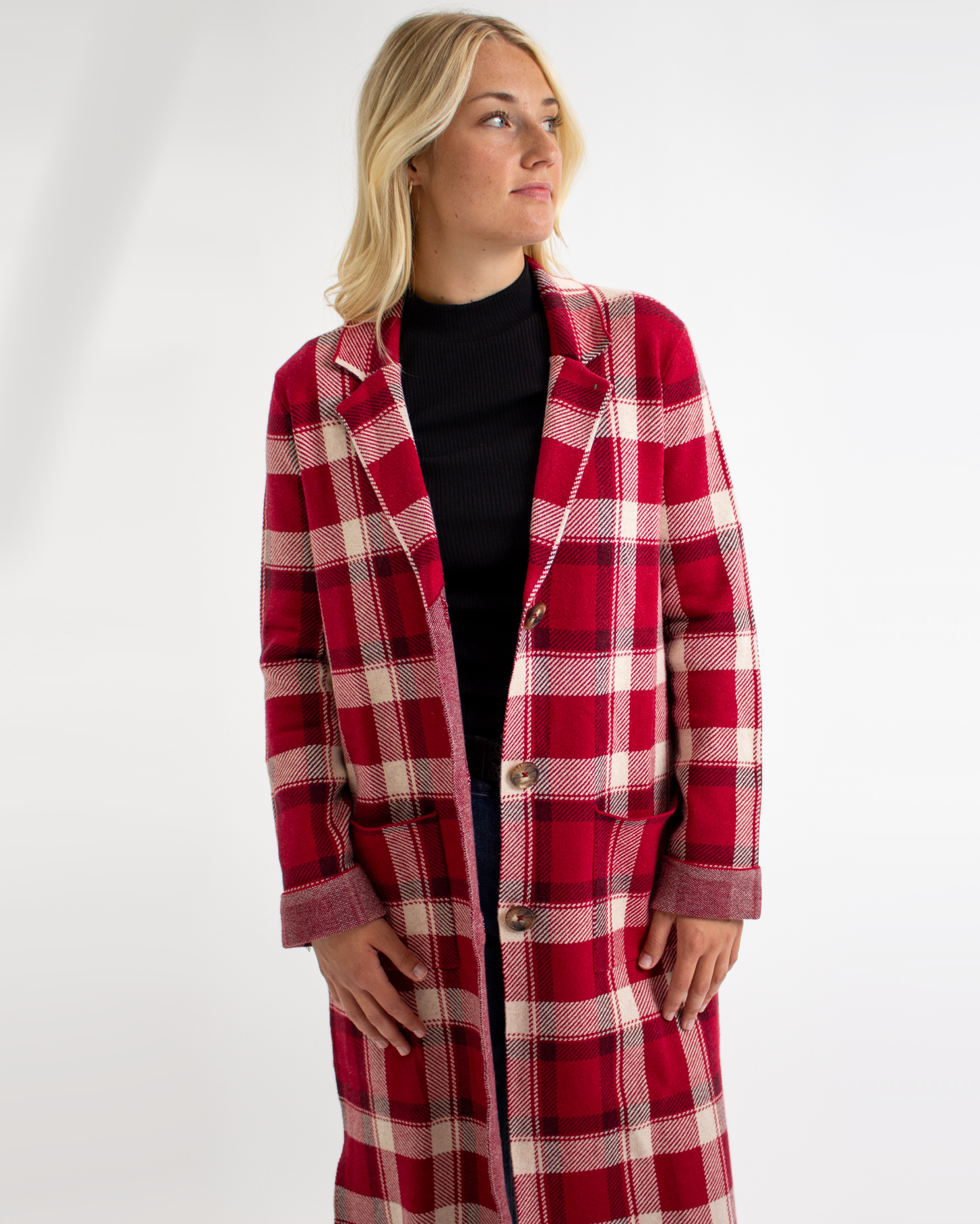 Heritage Red Plaid Button Down Long Sleeve Sweater Jacket