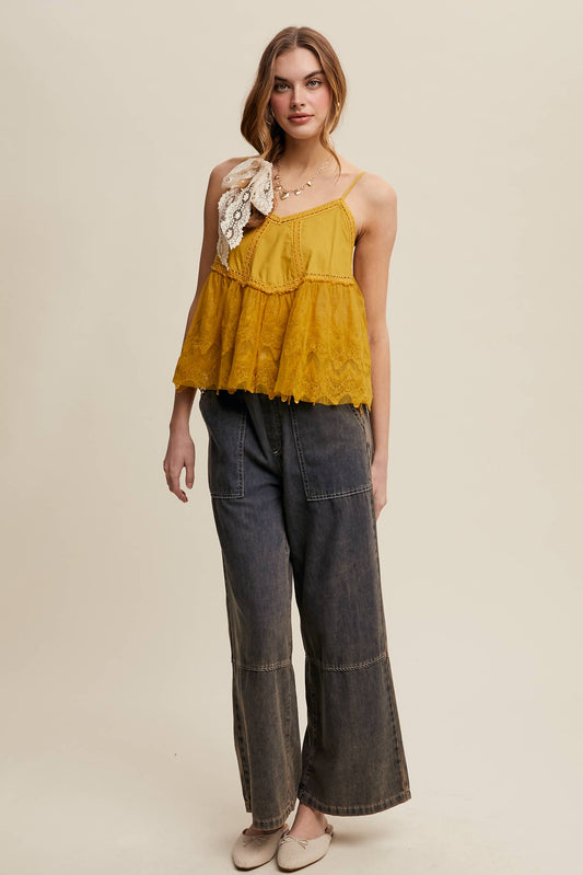 Wide-Leg Denim Drawstring Pants