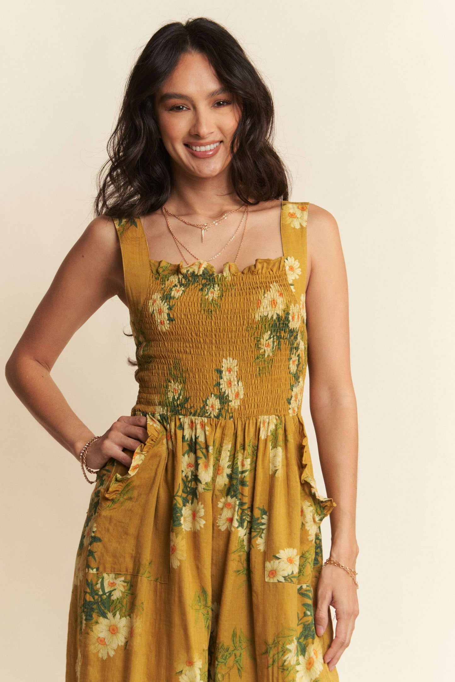 FLORAL RUFFLE SQUARE NECK SMOCKING BODICE JUMPSUIT