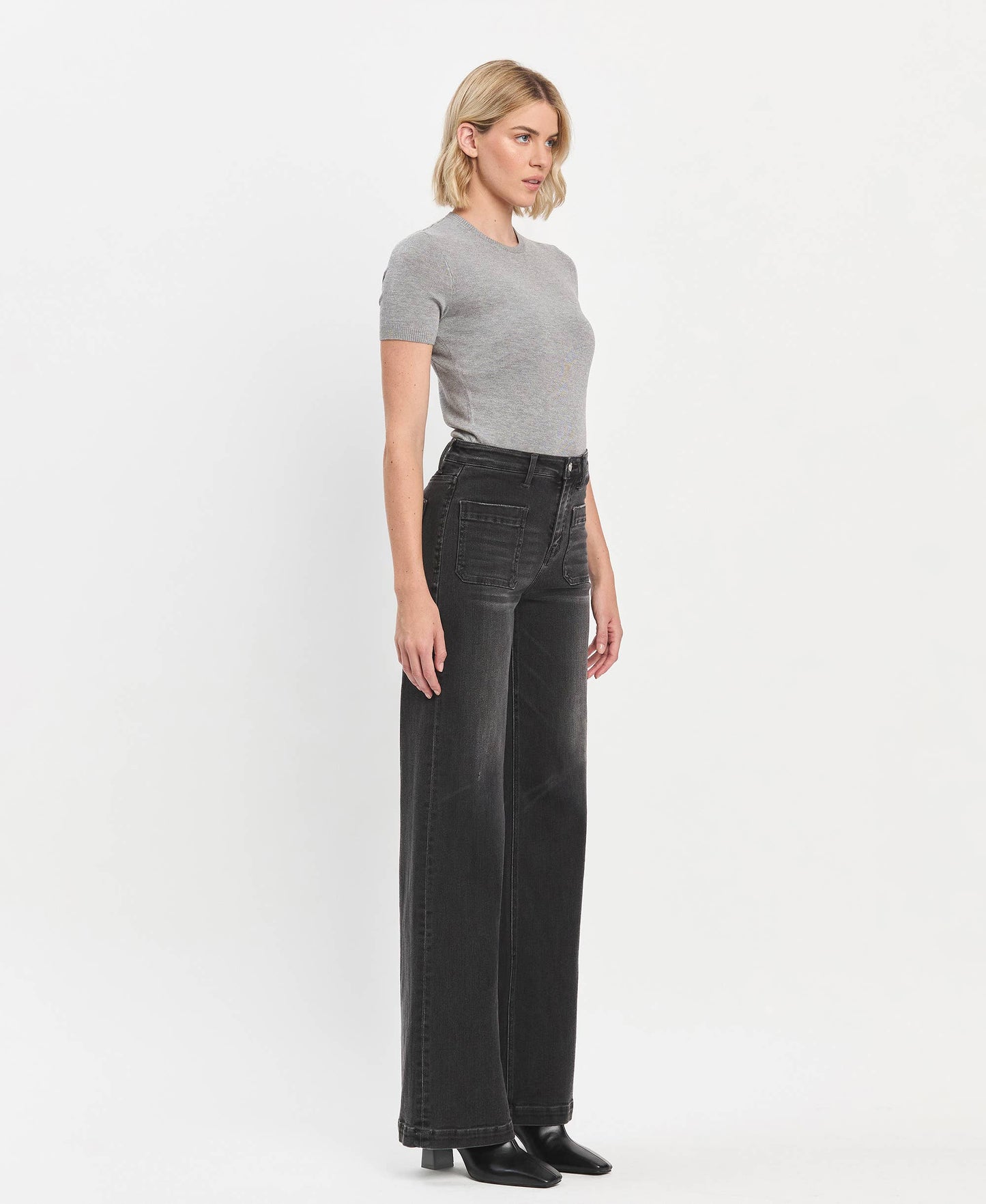 HIGH RISE PATCH POCKET BLACK WIDE TROUSER JEANS T6569