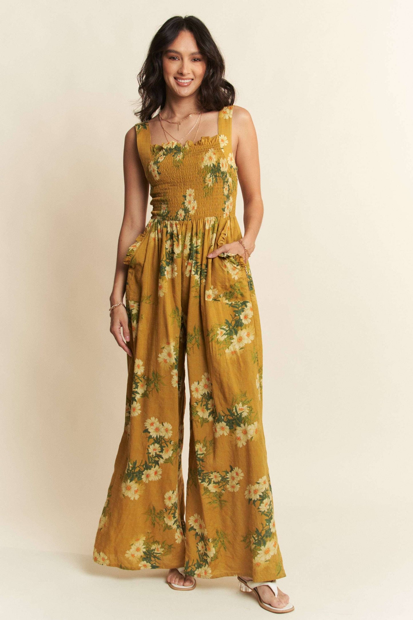 FLORAL RUFFLE SQUARE NECK SMOCKING BODICE JUMPSUIT