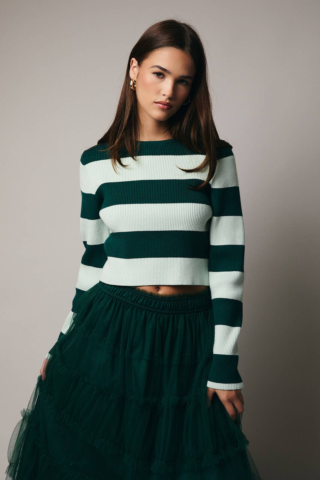 ROUND NECK LONG SLEEVE STRIPE RIBBED TOP