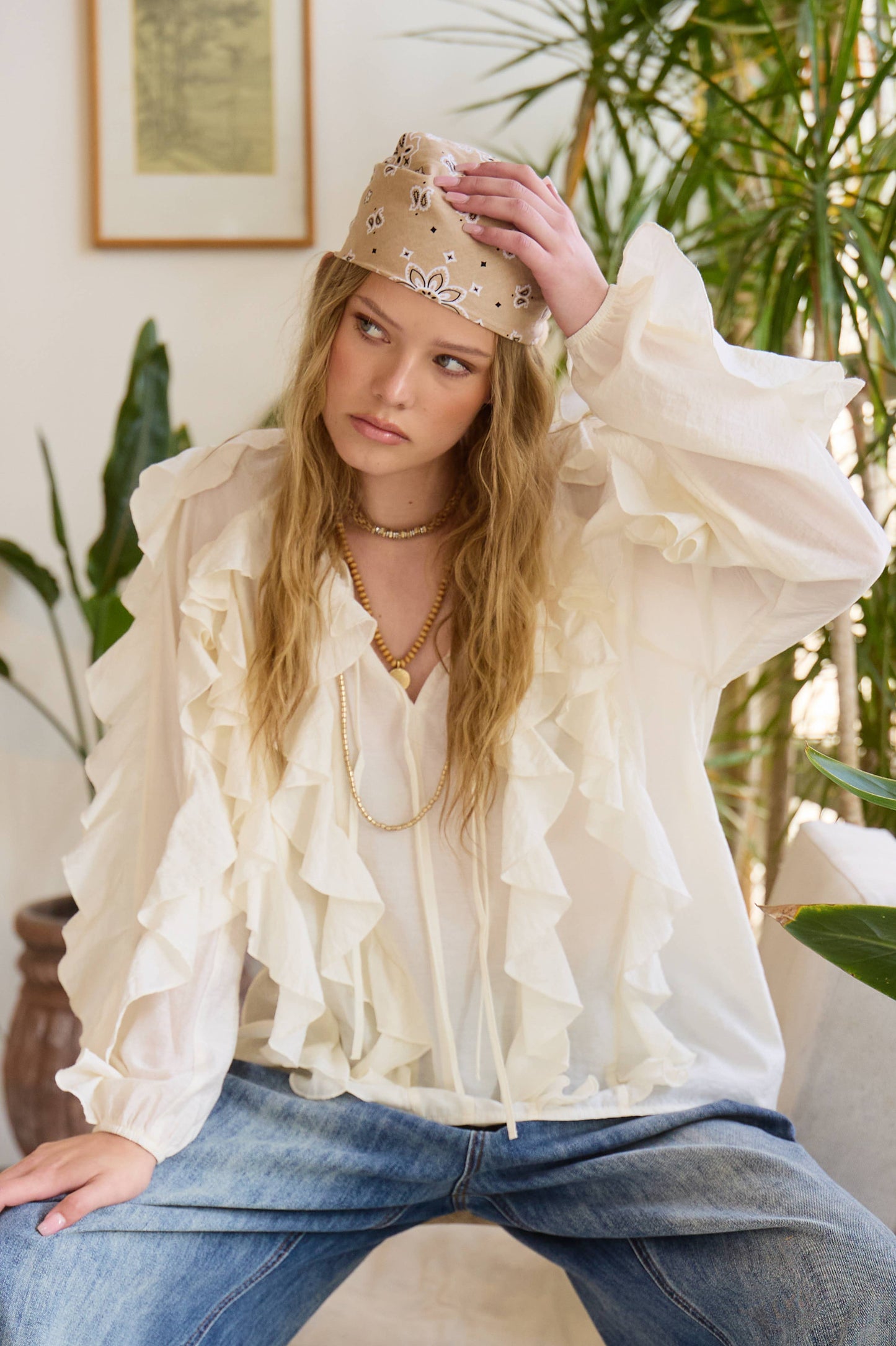 Ruffled Tie Front Boho Long Sleeve Blouse