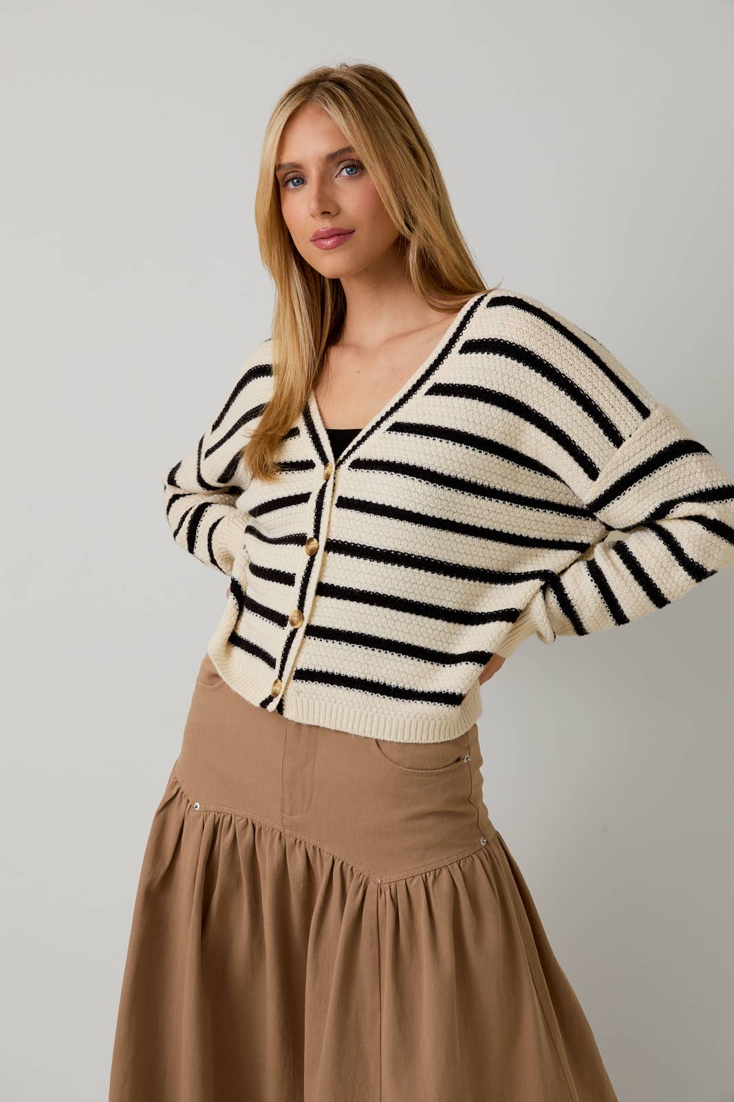 V-NECK LONG SLEEVE BUTTON UP STRIPE SWEATER CARDIGAN