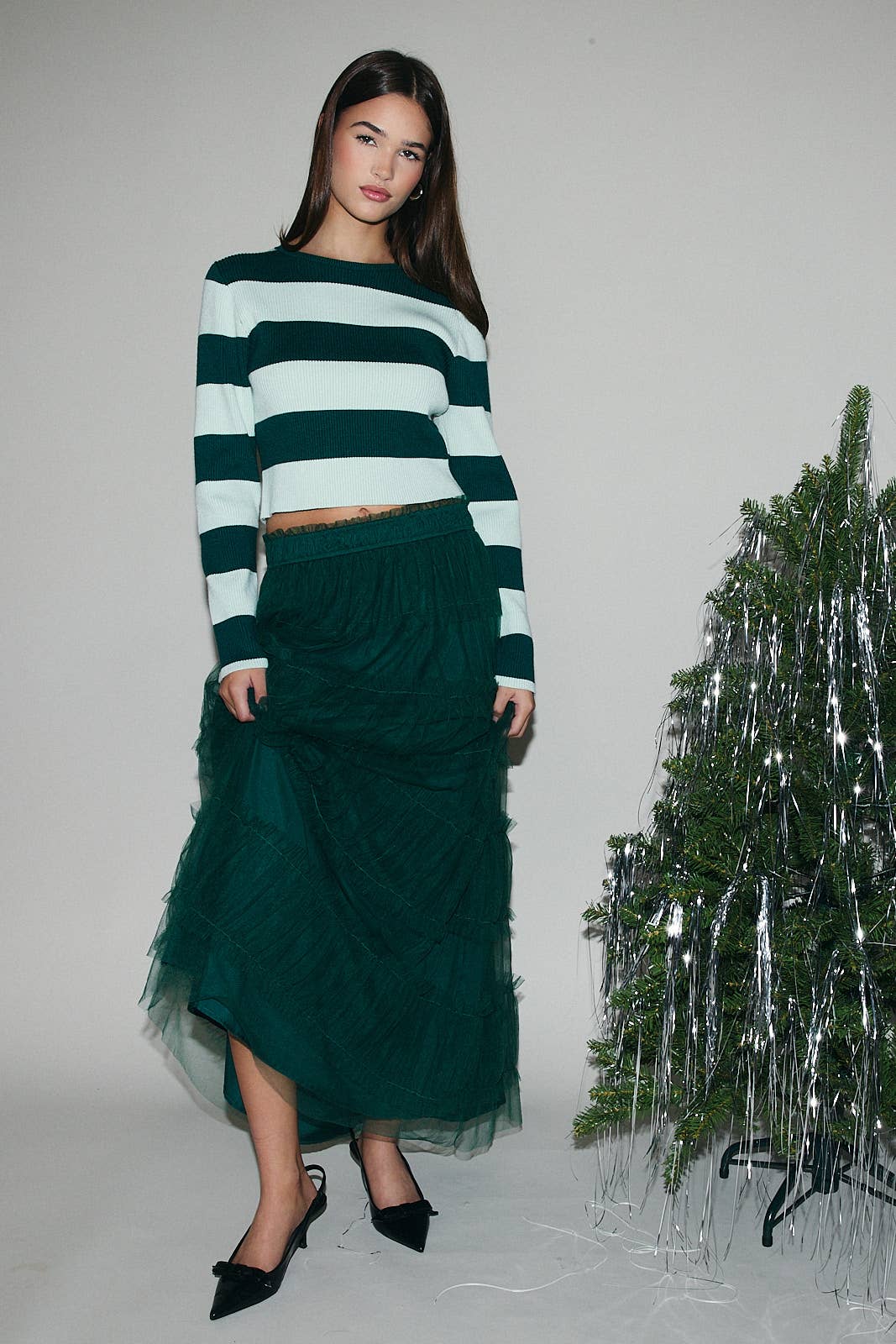 ROUND NECK LONG SLEEVE STRIPE RIBBED TOP