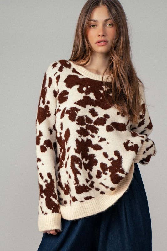 Cow Print Western Knit Top - Boho Camo Style