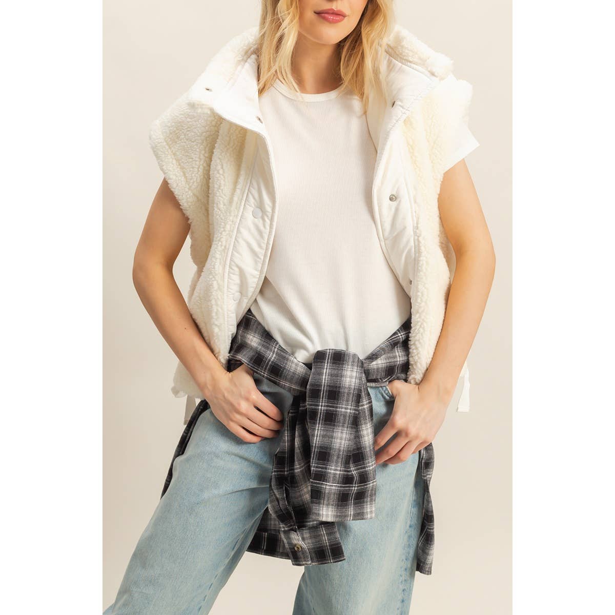 Cozy Sherpa Vest Jacket with Tie-Up Side Details