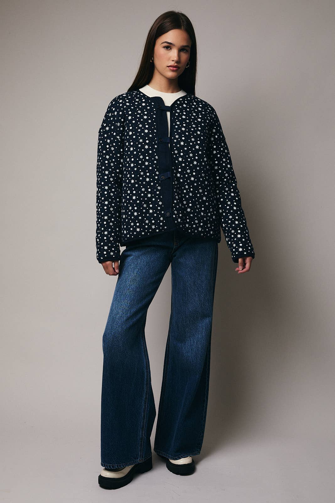 ROUND NECK LONG SLEEVE THERMAL PRINTED BUTTON DOWN JACKET